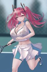 Rule 34 | 1girl, absurdres, azur lane, bare shoulders, black bra, blurry, blurry background, blush, bra, bralines, breasts, bremerton (azur lane), bremerton (scorching-hot training) (azur lane), chain-link fence, cleavage, collarbone, collared shirt, commentary request, crop top, fence, foreshortening, green footwear, green skirt, grey hair, hair between eyes, hair intakes, hair ornament, hairclip, highres, holding, holding racket, large breasts, long hair, looking at viewer, midriff, multicolored hair, nail polish, navel, no mole, parted lips, pink eyes, pink hair, pink nails, pleated skirt, racket, see-through, see-through shirt, shirt, shoes, sidelocks, skirt, sleeveless, sleeveless shirt, sneakers, solo, sportswear, standing, standing on one leg, streaked hair, sweat, syu.mu, tennis, tennis court, tennis racket, tennis uniform, twintails, two-tone hair, two-tone shirt, two-tone skirt, underwear, wet, wet clothes, wet shirt, white shirt, white skirt, x hair ornament