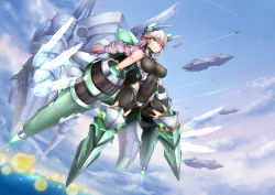 Rule 34 | 1girl, arm cannon, bare shoulders, blue eyes, bodysuit, braid, breasts, cloud, covered erect nipples, covered navel, day, flying, full body, headgear, highres, large breasts, long hair, looking at viewer, low-tied long hair, machinery, md5 mismatch, mecha musume, mechanical wings, oni-noboru, original, ponytail, resolution mismatch, single braid, skin tight, sky, solo, source smaller, weapon, wings