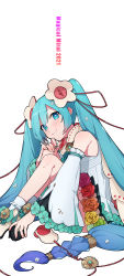 Rule 34 | 1girl, absurdres, blue eyes, blue hair, bright pupils, closed mouth, commentary, detached sleeves, dress, flower, green flower, hair flower, hair ornament, hair ribbon, hatsune miku, highres, long hair, long sleeves, looking at viewer, low-tied long hair, magical mirai (vocaloid), magical mirai miku, magical mirai miku (2021), making-of available, odd (miyoru), orange flower, purple flower, red flower, red ribbon, ribbon, simple background, sitting, sleeveless, sleeveless dress, smile, socks, solo, twintails, very long hair, vocaloid, white background, white dress, white flower, white pupils, white sleeves, white socks, yellow flower