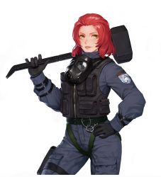 Rule 34 | 1girl, black gloves, blue jumpsuit, body armor, brown eyes, commentary, cosplay, cowboy shot, diestro, emblem, gas mask, girls und panzer, gloves, hammer, hand on own hip, holding, holding weapon, jumpsuit, long sleeves, looking at viewer, mask, medium hair, parted lips, rainbow six siege, red hair, rosehip (girls und panzer), simple background, sledge (rainbow six siege), sledgehammer, smile, solo, st. gloriana&#039;s (emblem), standing, tactical clothes, weapon, white background