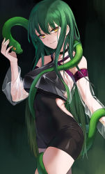 Rule 34 | 1girl, animal, bad id, bad pixiv id, bare shoulders, black choker, bodysuit, breasts, choker, clothing cutout, collarbone, covered navel, cowboy shot, crop top, crop top overhang, detached sleeves, emyo, green hair, hand up, highres, large breasts, long hair, looking at viewer, mole, mole under eye, mole under mouth, original, see-through, see-through sleeves, side cutout, sidelocks, slit pupils, smile, snake, solo, very long hair, yellow eyes