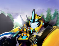 Rule 34 | 2boys, artist name, autobot, blue sky, cloud, cloudy sky, crossover, day, fix it, glowing, glowing eyes, gufu.k, looking at viewer, machine, machinery, mecha, multiple boys, nature, no humans, open mouth, outdoors, plant, robot, sky, smile, sunlight, transformers, tree, ultra bee