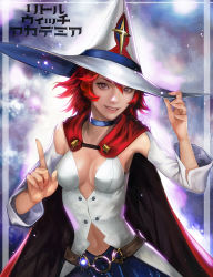 Rule 34 | 10s, 1girl, belt, cape, chariot du nord, choker, copyright name, detached sleeves, frostce, hat, index finger raised, lips, little witch academia, looking at viewer, navel, realistic, red hair, shiny chariot, short hair, smile, solo, ursula callistis, witch, witch hat