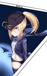 Rule 34 | ahoge, artoria pendragon (all), artoria pendragon (fate), baseball cap, blue scarf, blue thighhighs, blush, closed mouth, cowboy shot, fate (series), gym uniform, hair between eyes, hat, highres, i.f.s.f, jacket, mysterious heroine x (fate), name tag, open clothes, open jacket, ponytail, rojiura satsuki: chapter heroine sanctuary, saber (fate), scarf, sidelocks, smile, solo, thighhighs, thighs, twitter username, upper body