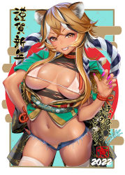 Rule 34 | 1girl, 2022, animal ears, blonde hair, bra, breasts, cleavage, clenched teeth, cowboy shot, fingernails, grin, hand up, happy new year, large breasts, long hair, looking at viewer, masami chie, micro shorts, multicolored hair, nail polish, navel, navel piercing, new year, original, piercing, pink nails, rope, shimenawa, shorts, sidelocks, smile, solo, standing, streaked hair, teeth, thighhighs, tiger ears, underwear, yellow eyes