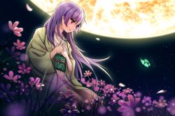 Rule 34 | 1girl, bug, butterfly, coat, field, flower, flower field, full moon, green coat, hair between eyes, hands on own chest, highres, bug, japanese clothes, kimono, light purple hair, long hair, looking away, moon, night, obi, original, petals, purple eyes, purple flower, sash, smile, solo, sparkle, white kimono, wide sleeves, yue-wishky