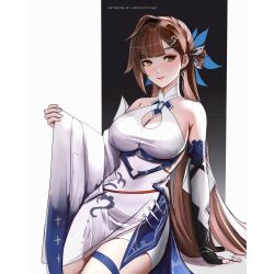 1girl artist_name bare_shoulders breasts brown_eyes brown_hair chinese_clothes cleavage_cutout clothing_cutout commentary dress highres honkai_(series) honkai_impact_3rd large_breasts li_sushang li_sushang_(jade_knight) long_hair notgustiarp smile solo thighs two-tone_background white_dress