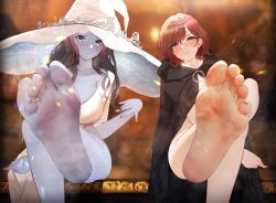 Rule 34 | 2girls, absurdres, barefoot, blue eyes, blue skin, blush, breasts, brown eyes, brown hair, colored skin, elden ring, feet, highres, higuchi madoka, idolmaster, idolmaster shiny colors, jewelry, large breasts, large hat, crossed legs, long hair, looking at viewer, medium hair, multiple girls, parted lips, ranni the witch, robe, sitting, soles, steam, toe ring, toes