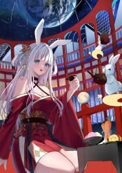 Rule 34 | 1girl, animal, blue eyes, blunt bangs, blush, breasts, carrot, cleavage, criss-cross halter, earth (planet), food, food request, hair rings, halterneck, highres, holding, indoors, japanese clothes, kimono, long hair, looking at viewer, medium breasts, mochi, moon, night, night sky, obi, off shoulder, open mouth, original, planet, rabbit, sash, seiza, shiroichigo, sitting, sky, skylight (architecture), smile, star (sky), starry sky, table, two side up, wagashi, white hair