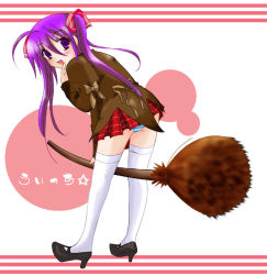 Rule 34 | 1girl, artist request, ass, black footwear, blue panties, blush, bow, broom, broom riding, brown bow, brown jacket, character request, copyright request, from behind, hair ribbon, high heels, jacket, long hair, long sleeves, looking at viewer, looking back, open mouth, panties, pantyshot, pink ribbon, purple eyes, purple hair, red skirt, ribbon, shoes, skirt, smile, solo, star (symbol), striped clothes, striped panties, striped skirt, thighhighs, translation request, twintails, underwear, white background, white thighhighs