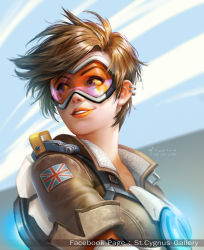 Rule 34 | 1girl, 2015, artist name, blue sky, bomber jacket, brown eyes, brown hair, brown jacket, chest harness, clothes writing, collarbone, dated, ear piercing, eyelashes, facebook username, fur trim, goggles, harness, highres, jacket, lips, looking away, matching hair/eyes, nose, overwatch, overwatch 1, piercing, pink lips, portrait, short hair, signature, sky, sleeves rolled up, smile, solo, spiked hair, st. cygnus, strap, swept bangs, teeth, tracer (overwatch), union jack, upper body
