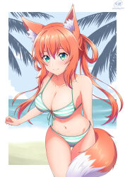 1girl animal_ear_fluff animal_ears aqua_eyes aqua_stripes arm_at_side bare_arms bare_shoulders beach bikini blue_sky border breasts cleavage closed_mouth cloud collarbone cowboy_shot day floating_hair fox_ears fox_girl fox_tail front-tie_bikini_top front-tie_top hair_between_eyes hair_rings halterneck highres horizon ken-ji large_breasts leaning_forward light_blush long_hair looking_at_viewer navel ocean orange_hair orange_tail original outdoors outside_border palm_tree sidelocks signature sky smile solo standing string_bikini striped_bikini striped_clothes swimsuit tail tail_wrap thigh_gap tree twintails twitter_username two-tone_tail water white_stripes white_tail