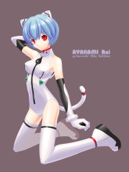 Rule 34 | 1girl, adapted costume, animal ears, arm behind head, armpits, ayanami rei, bare shoulders, blue hair, boots, bracer, breasts, cat ears, cat tail, character name, elbow gloves, expressionless, fake animal ears, fake tail, from side, full body, gloves, grey background, grimrock! mix edition, halterneck, interface headset, kemonomimi mode, kirita asami, kneeling, leotard, looking at viewer, neon genesis evangelion, pilot suit, plugsuit, red eyes, short hair, simple background, solo, super plugsuit, tail, thigh boots, thighhighs, turtleneck, white footwear, white gloves, white thighhighs