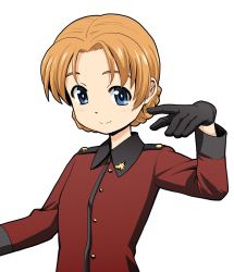 Rule 34 | 10s, 1girl, black gloves, blue eyes, braid, commentary request, epaulettes, girls und panzer, gloves, hand up, haniwa (leaf garden), highres, jacket, long sleeves, looking at viewer, military, military uniform, orange hair, orange pekoe (girls und panzer), parted bangs, red jacket, smile, solo, st. gloriana&#039;s military uniform, uniform, upper body, white background