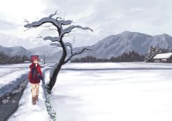 Rule 34 | 1girl, adjusting scarf, bare tree, berabou, boots, bow, breath, cape, grey sky, hair bow, hand on own hip, mountain, mountainous horizon, outdoors, pine tree, red eyes, red hair, red scarf, scarf, scenery, sekibanki, short hair, sky, snow, solo, touhou, tree, walking, winter
