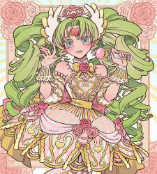 Rule 34 | 1girl, :d, bare shoulders, bow, colored eyelashes, crown, detached collar, detached sleeves, dress, falulu, floral print, flower, forehead jewel, gold trim, green hair, grey eyes, hands up, heart, highres, holding, holding microphone, idol clothes, jewelry, long hair, looking at viewer, meremero, microphone, open mouth, parted bangs, pink flower, pink rose, pretty series, pripara, ring, rose, sidelocks, smile, solo, standing, strapless, strapless dress, striped clothes, striped dress, vertical-striped clothes, vertical-striped dress, very long hair, wing hair ornament, wrist cuffs, yellow bow