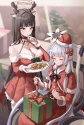Rule 34 | 2girls, absurdres, animal ears, antlers, bell, belt, black belt, black choker, black hair, blue archive, blush, box, breasts, capelet, choker, christmas, cleavage, closed eyes, closed mouth, collarbone, cookie, dangbaeg (user ngka8457), deer ears, dress, food, gift, gift box, halo, hat, highres, himari (blue archive), holding, holding plate, horns, large breasts, long hair, long sleeves, multiple girls, parted lips, plate, pointy ears, pom pom (clothes), powered wheelchair, red capelet, red dress, red eyes, red headwear, reindeer antlers, rio (blue archive), santa costume, santa dress, santa hat, sitting, wheelchair, white hair