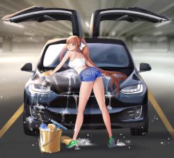 Rule 34 | 1girl, ass, bare arms, bare shoulders, blurry, blurry background, blush, breasts, brown hair, bucket, car, car wash, commentary, commission, crop top, cutoffs, doki doki literature club, english commentary, from behind, full body, green eyes, gullwing doors, hair ribbon, highres, kneepits, leaning forward, legs, legs apart, long hair, looking at viewer, looking back, medium breasts, monika (doki doki literature club), motor vehicle, ponytail, potetos7, ribbon, shoes, short shorts, shorts, sidelocks, smile, sneakers, soap bubbles, solo, sponge, vehicle focus, very long hair, washing vehicle, white ribbon