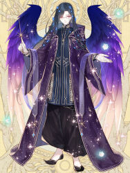 Rule 34 | 1boy, black footwear, black pants, blue flower, blue hair, blue robe, closed mouth, coat, curtained hair, dairoku ryouhei, dark blue hair, feathered wings, flower, full body, glasses, gloves, gold trim, gradient wings, hair flower, hair ornament, hand up, holding, holding wand, jewelry, key, key necklace, lionel echoes, long coat, long hair, male focus, multicolored wings, necklace, open clothes, open coat, open hand, pants, pink eyes, pointy footwear, puffy pants, purple coat, purple wings, robe, smile, solo, sparkle, standing, star (symbol), swept bangs, wand, white gloves, wide sleeves, wings, yellow background, yusa tk74