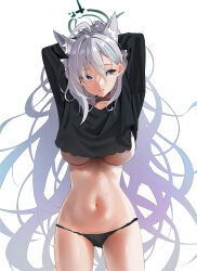 Rule 34 | 1girl, absurdres, agnamore, ahoge, animal ear fluff, animal ears, areola slip, arms behind head, arms up, black choker, black panties, black shirt, blue archive, blue eyes, breasts, choker, cowboy shot, crop top, crop top overhang, cross hair ornament, extra ears, female pubic hair, grey hair, hair behind ear, hair between eyes, hair intakes, hair ornament, halo, hand in own hair, highres, large breasts, long hair, long sleeves, looking at viewer, mismatched pupils, navel, no bra, no pants, panties, parted lips, pubic hair, pubic hair peek, shiroko (blue archive), shiroko terror (blue archive), shirt, sidelocks, simple background, solo, stomach, string panties, thighs, underboob, underwear, very long hair, white background, wolf ears