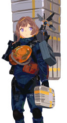 Rule 34 | 1girl, anya melfissa, backpack, bag, brown hair, death stranding, highres, hololive, hololive indonesia, knee pads, looking to the side, pako (pakosun), purple eyes, standing, suitcase, virtual youtuber, white background