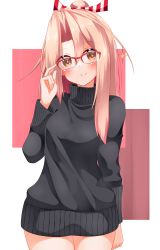 Rule 34 | 1girl, absurdres, alternate costume, bespectacled, black sweater, breasts, brown eyes, cowboy shot, glasses, high ponytail, highres, kantai collection, light brown hair, long hair, long sleeves, looking at viewer, medium breasts, pia (botamochinjufu), ponytail, red-framed eyewear, smile, solo, standing, sweater, turtleneck, turtleneck sweater, zuihou (kancolle)