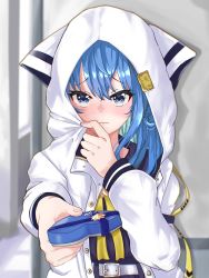 Rule 34 | 1girl, animal hood, beguzemu0728, black sailor collar, blue eyes, blue hair, blush, box, box of chocolates, cat hood, commentary request, fingernails, giving, heart-shaped box, highres, hololive, hood, hood up, hooded jacket, hoshimachi suisei, hoshimachi suisei (school uniform), jacket, long sleeves, looking at viewer, neckerchief, open clothes, open jacket, sailor collar, sailor shirt, shirt, solo, star (symbol), star in eye, symbol in eye, upper body, valentine, virtual youtuber, white jacket, yellow neckerchief