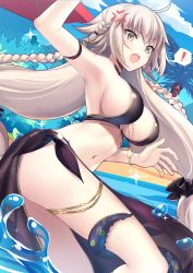 Rule 34 | !, 1girl, ahoge, anger vein, arm up, armband, armpits, bare shoulders, bikini, black bikini, blue sky, blush, breasts, cleavage, collarbone, day, fang, fate/grand order, fate (series), hair between eyes, heroic spirit chaldea park outfit, highres, jeanne d&#039;arc (fate), jeanne d&#039;arc alter (fate), jeanne d&#039;arc alter (festival outfit) (fate), jewelry, kernel killer, large breasts, long hair, looking at viewer, low-tied long hair, navel, necklace, official alternate costume, open mouth, pale skin, palm tree, sarong, sideboob, silver hair, sky, solo, sparkle, spoken exclamation mark, swimsuit, tentacles, thighs, tree, very long hair, water, yellow eyes