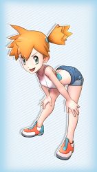 Rule 34 | 1girl, adapted costume, asymmetrical hair, bare legs, breasts, creatures (company), denim, denim shorts, facing viewer, full body, game freak, greatm8, green eyes, gym leader, highres, leaning forward, legs, looking at viewer, misty (pokemon), nintendo, orange hair, outline, pokemon, pokemon lgpe, ponytail, red hair, shirt, short hair, short shorts, shorts, side ponytail, simple background, smile, solo, spread legs, standing, thick thighs, thighs, white background, white outline, white shirt