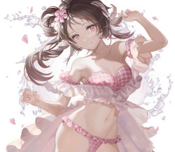 Rule 34 | 1girl, ahoge, animal ears, arknights, arm up, bare shoulders, bikini, breasts, brown hair, chinese commentary, cleavage, closed mouth, collarbone, commentary request, cowboy shot, detached sleeves, eyjafjalla (arknights), eyjafjalla (summer flower) (arknights), flower, frills, goat ears, goat horns, head tilt, hibiscus, horns, kashiwa tachibana, long hair, looking at viewer, medium breasts, nail polish, navel, off shoulder, official alternate costume, petals, pink bikini, pink eyes, pink flower, pink nails, ponytail, short sleeves, simple background, smile, solo, stomach, strapless, strapless bikini, swimsuit, water, white background