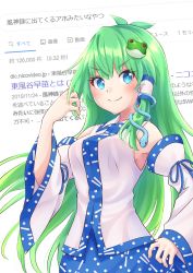 Rule 34 | &gt;:), 1girl, absurdres, antenna hair, bare shoulders, blue eyes, blue skirt, blush, breasts, commentary request, detached sleeves, eyelashes, frog hair ornament, google, green hair, hair ornament, hair tubes, hand up, highres, kochiya sanae, long hair, long sleeves, looking at viewer, medium breasts, ramie (ramie541), shirt, single sidelock, skirt, smile, snake hair ornament, solo, touhou, translation request, upper body, v-shaped eyebrows, very long hair, white background, white shirt, wide sleeves