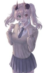 Rule 34 | 1girl, blouse, blush, breasts, commentary, eyebrows hidden by hair, green eyes, haido neuma, hair between eyes, highres, horns, indie virtual youtuber, long hair, looking at viewer, medium breasts, multicolored eyes, necktie, open mouth, pink hair, red eyes, school uniform, shirt, simple background, skirt, smile, solo, sweater, twintails, virtual youtuber, white background, yuikawa (00hyr)