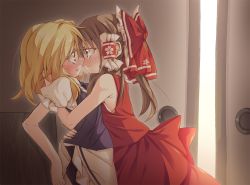 Rule 34 | 2girls, :o, blonde hair, blush, bow, bowtie, breath, brown hair, eye contact, face-to-face, hair bow, hair ribbon, hair tubes, hakurei reimu, hand on another&#039;s head, heavy breathing, hug, imminent kiss, ina (inadahime), kirisame marisa, large bow, long hair, looking at another, multiple girls, noses touching, red eyes, ribbon, sash, skirt, skirt set, sleeveless, smile, sweat, touhou, vest, yellow eyes, yuri