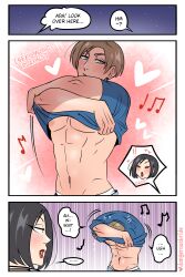 Rule 34 | 1boy, 1girl, abs, ada wong, artist name, beamed eighth notes, black hair, blue eyes, blue shirt, blush, brown hair, choker, comic, commentary, dangerousbride, eighth note, english text, falling petals, groin, heart, highres, leon s. kennedy, male underwear, muscular, muscular male, musical note, navel, pectorals, petals, quarter note, red lips, resident evil, resident evil 2, shirt, underwear, undressing