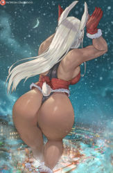 Rule 34 | 1girl, animal ears, ass, ass focus, backboob, boku no hero academia, breasts, christmas, crescent moon, dark-skinned female, dark skin, facing away, female focus, from behind, fur-trimmed gloves, fur trim, gloves, highres, huge ass, large breasts, long hair, mirko, moon, muscular, muscular female, night, night sky, patreon username, pom pom (clothes), rabbit ears, rabbit girl, rabbit pose, rabbit tail, red gloves, red legwear, shexyo, sky, snowing, solo, tail, thick thighs, thighs, watermark, web address, white hair