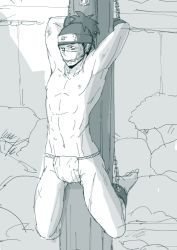 Rule 34 | 1boy, bdsm, bondage, bound, chain, cleave gag, cloth gag, gag, gagged, headband, humiliation, improvised gag, male focus, naruto (series), naruto shippuuden, outdoors, restrained, rope, scar, topless male, solo, suspension, tagme, umino iruka, underwear