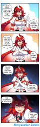 Rule 34 | 1girl, 4koma, ;d, ^ ^, absurdres, ahoge, blush, breasts, closed eyes, comic, elbow gloves, english text, closed eyes, gloves, hair between eyes, hand up, highres, hinghoi, index finger raised, large breasts, long hair, looking at viewer, merryweather, multiple views, one eye closed, open mouth, original, own hands together, personification, puffy sleeves, red eyes, red hair, shaded face, sidelocks, smile, speech bubble, v-shaped eyebrows, white gloves, youtube