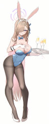 Rule 34 | 1girl, absurdres, animal ears, asuna (blue archive), asuna (bunny) (blue archive), bare shoulders, black pantyhose, blonde hair, blue archive, blue bow, blue bowtie, blue eyes, blue leotard, blue ribbon, blush, bow, bowtie, breasts, chinese commentary, cleavage, contrapposto, covered navel, cup, dated, detached collar, dongye1551, drinking glass, fake animal ears, finger between breasts, full body, gloves, hair between eyes, hair over one eye, hair ribbon, halo, hand on own chest, high heels, highleg, highleg leotard, highres, holding, holding tray, large breasts, leaning forward, leotard, long hair, looking at viewer, official alternate costume, pantyhose, parted lips, playboy bunny, rabbit ears, revision, ribbon, signature, simple background, skin tight, smile, solo, strapless, strapless leotard, thighband pantyhose, traditional bowtie, tray, very long hair, white background, white footwear, white gloves, wine glass, wing collar