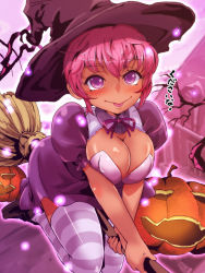 Rule 34 | 1girl, blz, breasts, cleavage, dark-skinned female, dark skin, female focus, halloween, hat, original, pink hair, purple hair, solo, striped clothes, striped thighhighs, thighhighs, witch, witch hat
