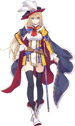 Rule 34 | 1girl, black thighhighs, blonde hair, blue eyes, cape, full body, fuyuno yuuki, hand on own hip, hat, long hair, official art, oshiro project:re, oshiro project:re, sheath, sheathed, solo, standing, sword, thighhighs, transparent background, very long hair, weapon, windsor (oshiro project)