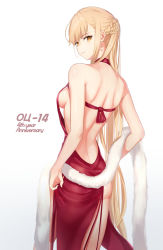 Rule 34 | 1girl, anniversary, back, bare shoulders, blonde hair, braid, braided bangs, breasts, chaciooh, character name, dress, earrings, english text, fur, girls&#039; frontline, highres, jewelry, long hair, looking at viewer, medium breasts, official alternate costume, ots-14 (girls&#039; frontline), ots-14 (ruler of the banquet) (girls&#039; frontline), red dress, russian text, smile, solo, white background, yellow eyes