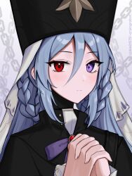 Rule 34 | 1girl, blue hair, braid, brooch, commentary request, dubra (honkai: star rail), hair between eyes, hands up, hat, highres, honkai: star rail, honkai (series), jewelry, long hair, looking at viewer, mitre, own hands together, purple eyes, red eyes, solo, upper body, veil, very long hair, vickie (cryingrobot)