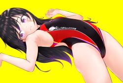 Rule 34 | 1girl, bandaid, bandaid on face, black hair, black one-piece swimsuit, breasts, cameltoe, competition swimsuit, highres, long hair, looking back, lying, mayafufu, multicolored clothes, multicolored swimsuit, one-piece swimsuit, original, purple eyes, small breasts, solo, swimsuit, yellow background