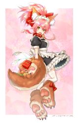 Rule 34 | 1girl, alternate costume, animal ears, animal hands, apron, bad id, bad pixiv id, bell, breasts, cat paws, collar, commentary request, dated, enmaided, fang, fate/grand order, fate (series), fox ears, fox tail, frills, full body, gift, gift bag, gloves, highres, jingle bell, long hair, looking at viewer, maid, maid apron, maid headdress, medium breasts, neck bell, open mouth, paw gloves, paw shoes, pink hair, ponytail, shoes, solo, tail, tamamo (fate), tamamo cat (fate), tamamo cat (second ascension) (fate), tranquil-lizer, valentine, white legwear, yellow eyes
