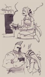 Rule 34 | 1boy, 1girl, apron, chicken (food), crying, diana (league of legends), food, gloves, helmet, holding, league of legends, muscular, pantheon (league of legends), scar, simple background, sketch, stove, suqling