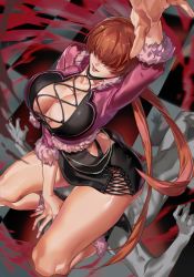 Rule 34 | 1girl, bad id, bad pixiv id, breasts, cleavage, cleavage cutout, clothing cutout, cropped jacket, dress, fur-trimmed jacket, fur trim, hair over eyes, highres, jacket, large breasts, long hair, looking at viewer, miniskirt, shermie (kof), side slit, sitting, sitting on face, sitting on person, skirt, snk, solo, split ponytail, the king of fighters, the king of fighters xv, tomcat li