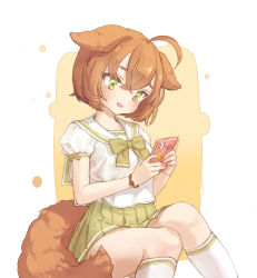 Rule 34 | 1girl, ahoge, animal ears, bow, bowtie, bracelet, brown hair, cellphone, commentary, crying, dog ears, dog girl, dog tail, english commentary, green bow, green bowtie, green eyes, green skirt, holding, holding phone, jewelry, kneehighs, kuzel (bonolangje), looking at phone, open mouth, phone, pleated skirt, puffy short sleeves, puffy sleeves, sailor collar, school uniform, serafuku, shirt, short hair, short sleeves, sitting, skirt, smartphone, socks, solo, tail, tears, white background, white socks, white sailor collar, white shirt, yellow background