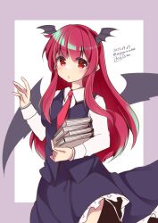 Rule 34 | 1girl, bat wings, black skirt, black vest, book, commentary, dated, enjoy mix, frilled skirt, frills, head wings, holding, holding book, koakuma, long hair, long sleeves, looking at viewer, multiple wings, necktie, one-hour drawing challenge, parted lips, red eyes, red hair, red necktie, shirt, signature, skirt, solo, touhou, twitter username, vest, white shirt, wings