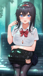 Rule 34 | 1girl, black hair, blue eyes, blush, breasts, cleavage, fukuro daizi, highres, large breasts, long hair, looking at viewer, mole, mole under eye, open mouth, original, school uniform, smile, solo, wet, wet clothes