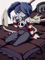 Rule 34 | 1girl, bed, blanket, blue hair, blue skin, colored skin, detached collar, detached sleeves, finger to mouth, hair over one eye, leviathan (skullgirls), looking at viewer, mtk hoshi, pillow, red eyes, side ponytail, sitting, skullgirls, smile, solo, squigly (skullgirls), stitched mouth, stitches, striped sleeves, wide sleeves, zombie
